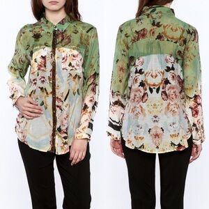 Aratta multicolor semi sheer floral print button down blouse